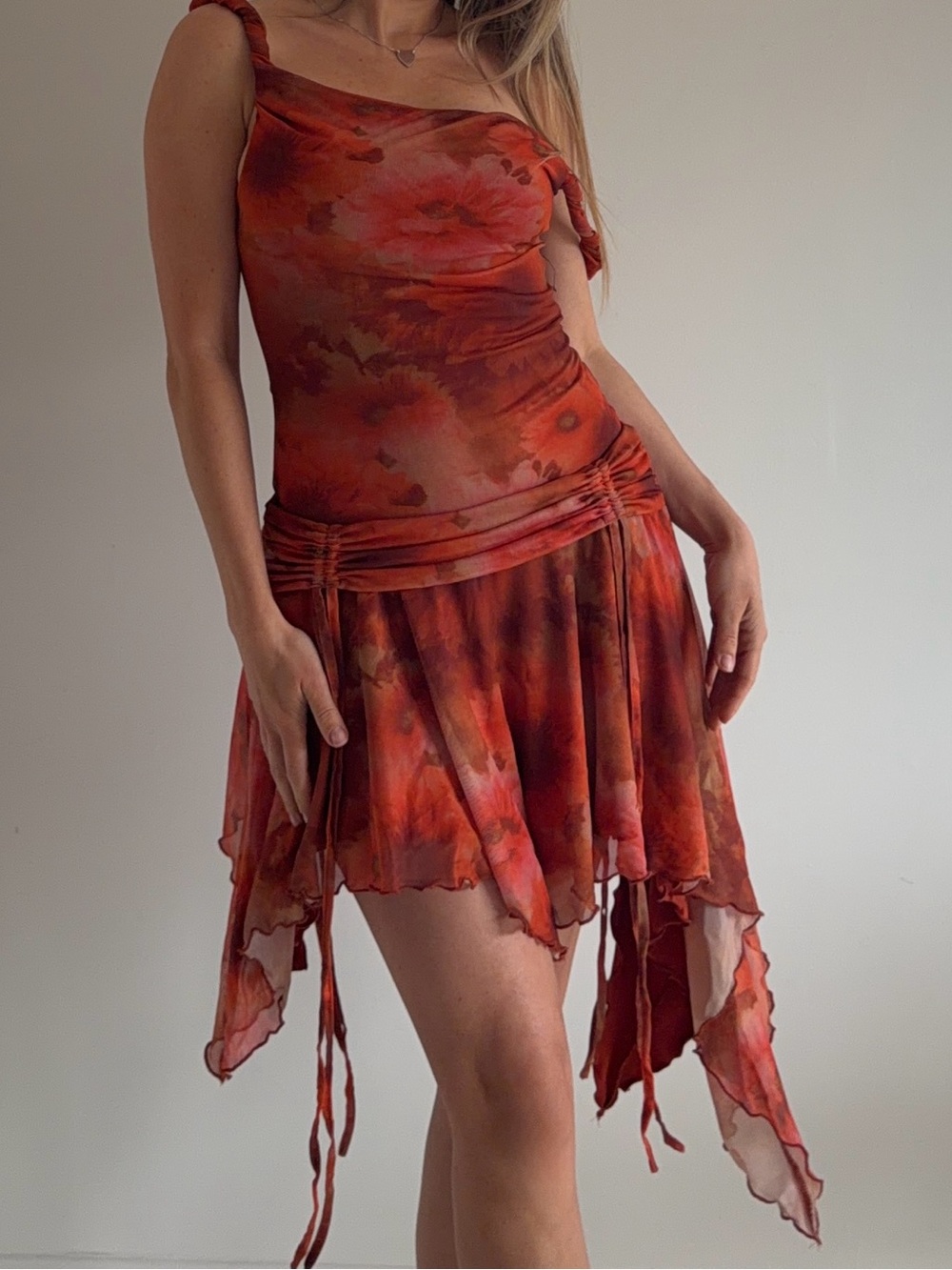 NWT Fairycore Y2K Floral Mesh Mini Dress | Grand Street Studios Sunset Orange